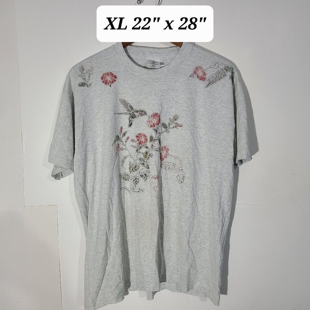 Vintage 90s Hummingbird/Flowers Faded Graphic Gray XL T-Shirt Single Stitch USA